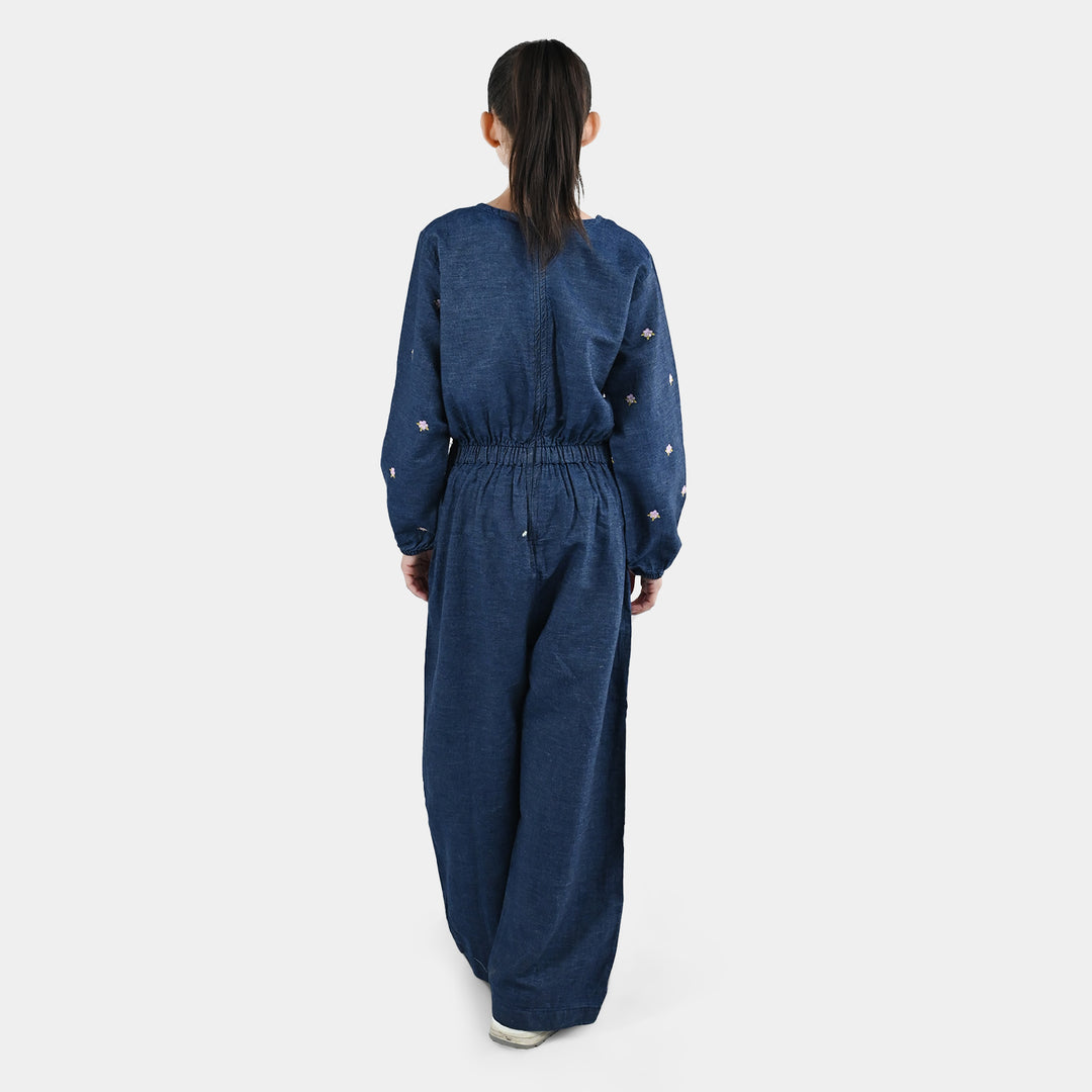 Girls Tensile Denim (Light Denim) Emb Jumpsuit Floral-BLUE