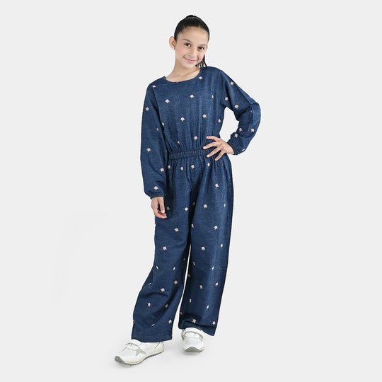 Girls Tensile Denim (Light Denim) Emb Jumpsuit Floral-BLUE