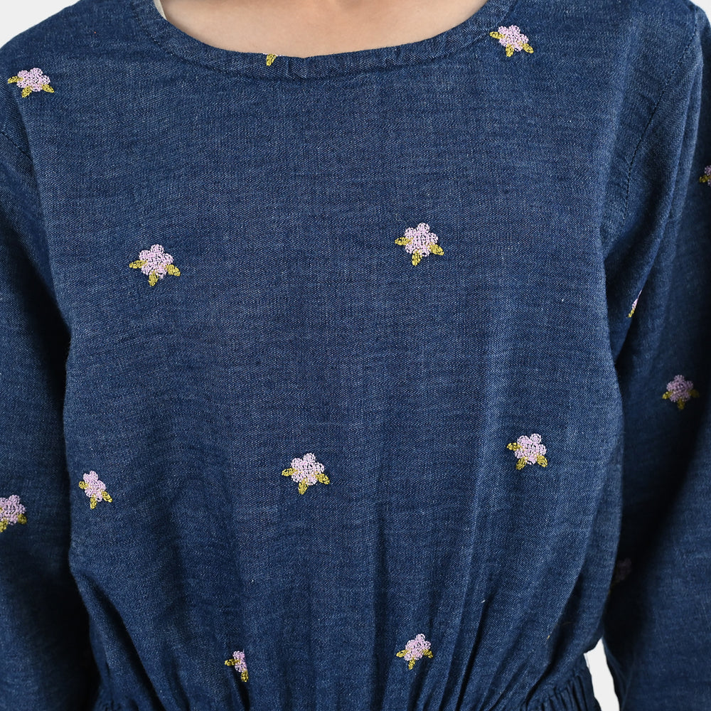 Girls Tensile Denim (Light Denim) Emb Jumpsuit Floral-BLUE