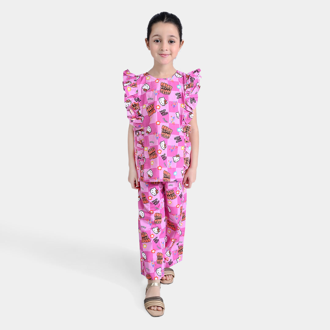 Girls Cotton Poplin Co-ord Set Kitty Party-Pink