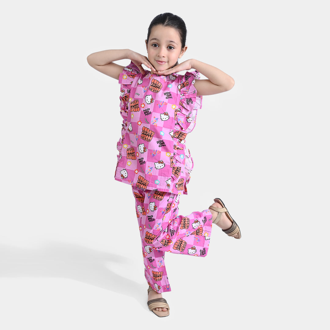 Girls Cotton Poplin Co-ord Set Kitty Party-Pink