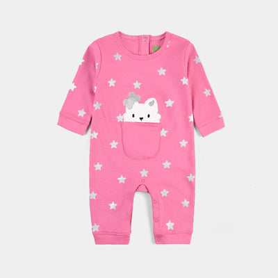 Infant Girls Cotton Interlock Knitted Romper Bear Face-Hot Pink