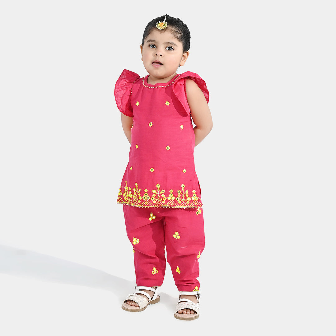 Infant Girls Cotton Slub 2Pc Suit (Pari) - Shocking Pink