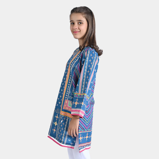 Girls Cotton Poplin Printed Kurti Ethnic-Teal