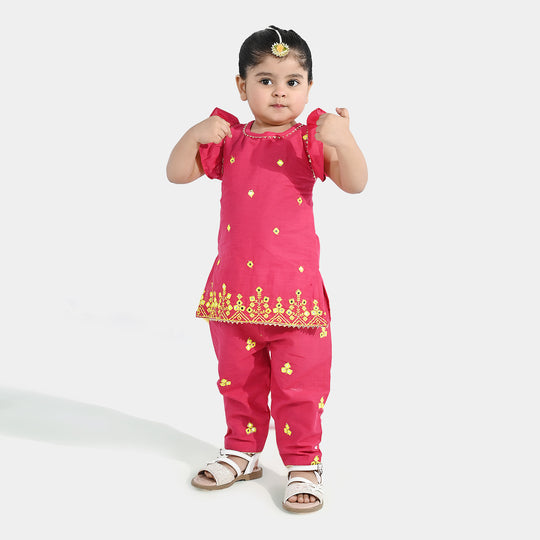 Infant Girls Cotton Slub 2Pc Suit (Pari) - Shocking Pink