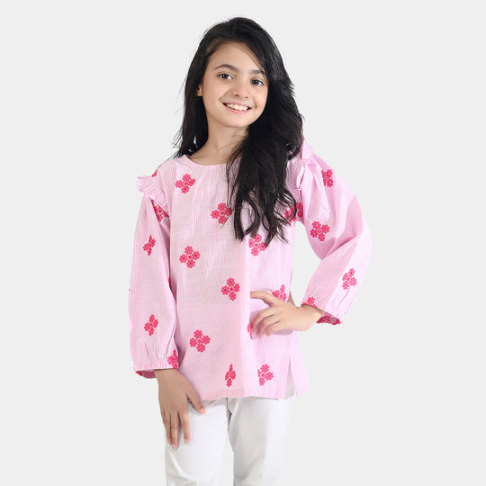 Girls Cotton Emb Top Pink Stripes-Pink