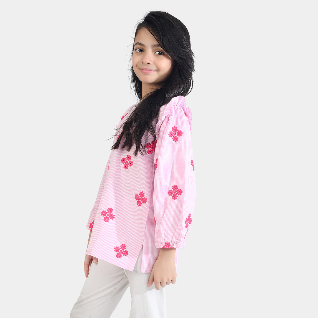 Girls Cotton Emb Top Pink Stripes-Pink