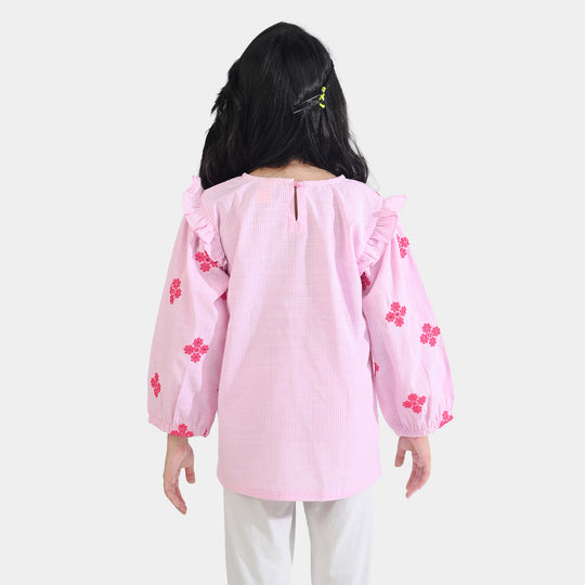 Girls Cotton Emb Top Pink Stripes-Pink