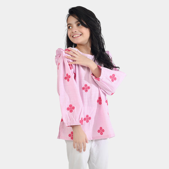 Girls Cotton Emb Top Pink Stripes-Pink