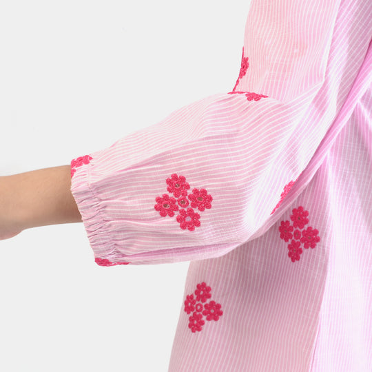 Girls Cotton Emb Top Pink Stripes-Pink