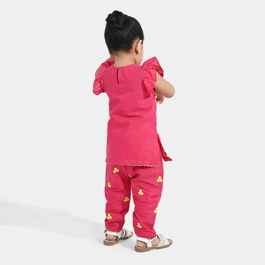 Infant Girls Cotton Slub 2Pc Suit (Pari) - Shocking Pink