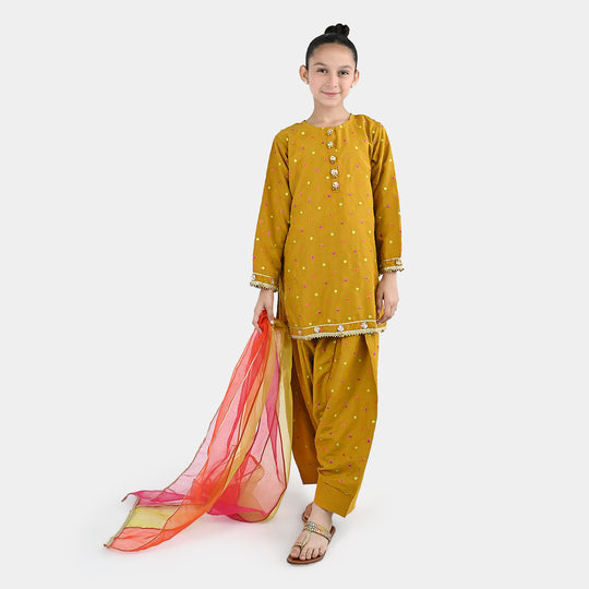 Girls Raw Silk 3Pcs Desi Diva-Lt.Mustard