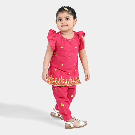 Infant Girls Cotton Slub 2Pc Suit (Pari) - Shocking Pink