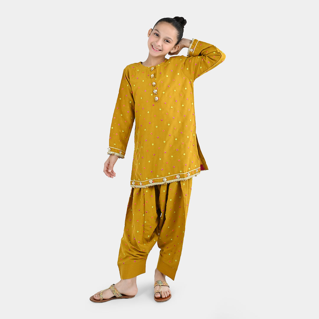 Girls Raw Silk 3Pcs Desi Diva-Lt.Mustard