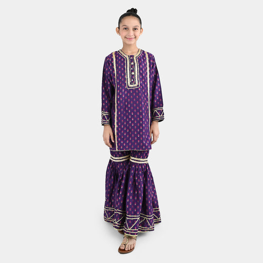 Girls Cotton Jacquard Emb 2Pc Suit Glow-Purple