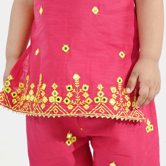 Infant Girls Cotton Slub 2Pc Suit (Pari) - Shocking Pink
