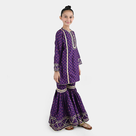 Girls Cotton Jacquard Emb 2Pc Suit Glow-Purple