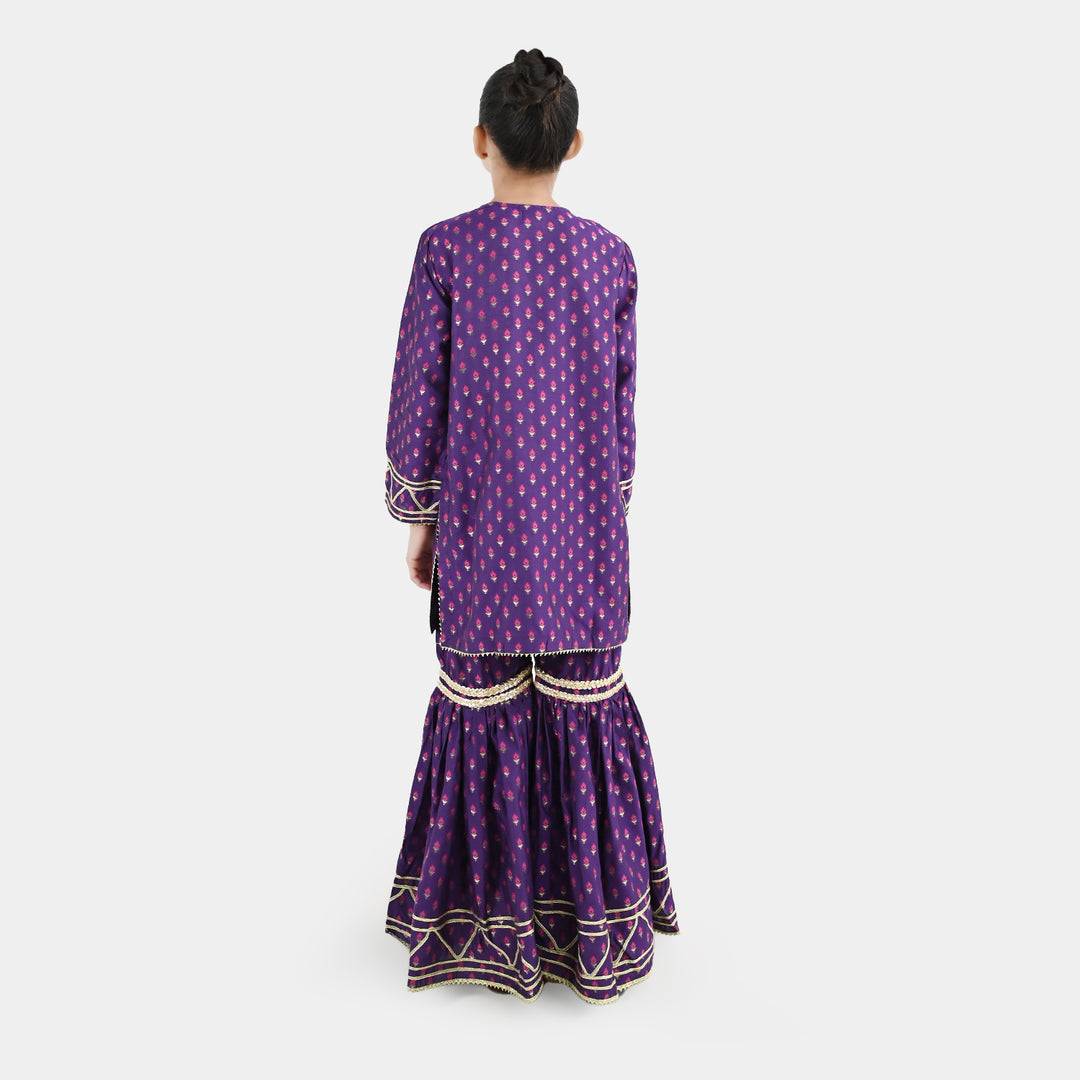 Girls Cotton Jacquard Emb 2Pc Suit Glow-Purple