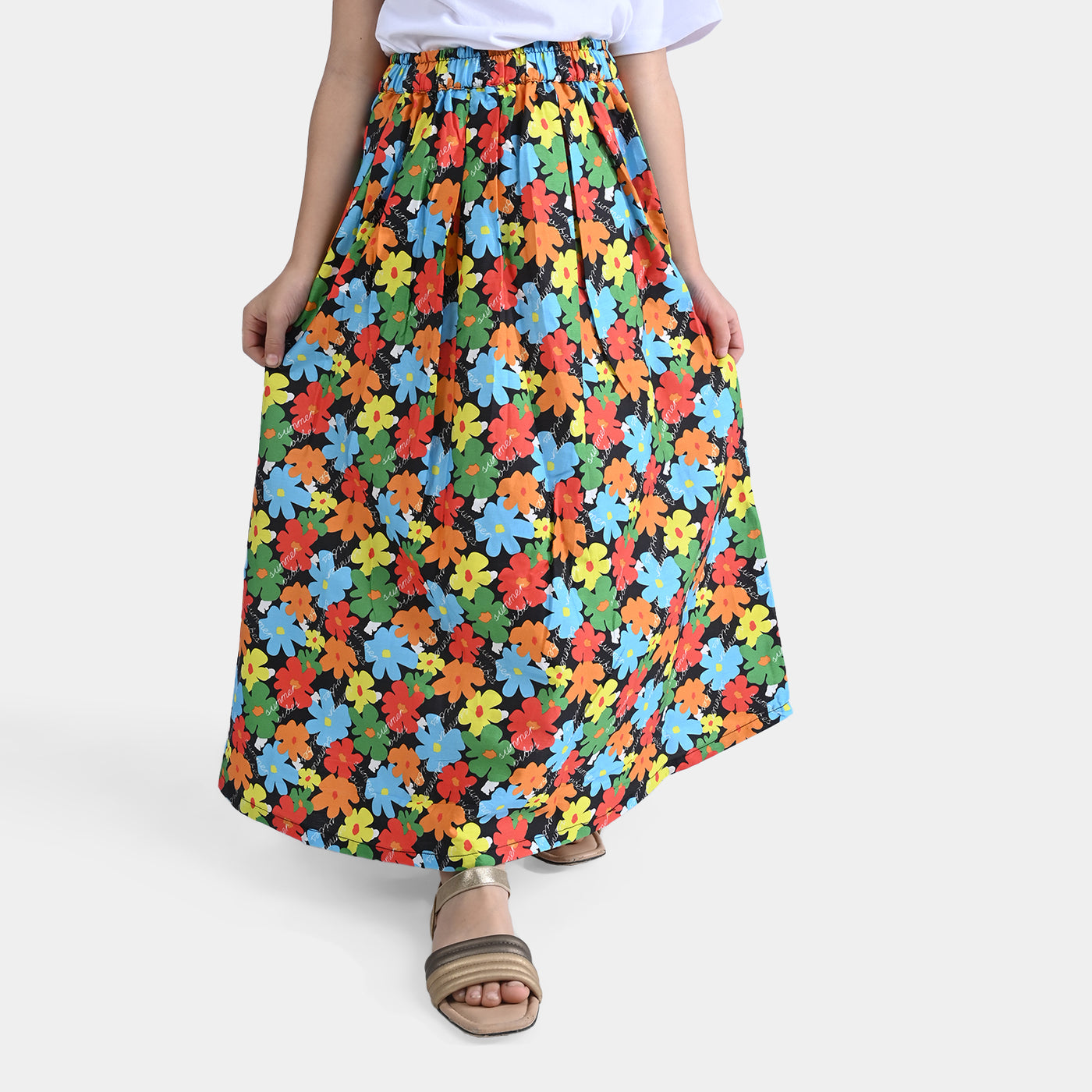 Girls Cotton Poplin Long Skirt Funky Floral-BLACK