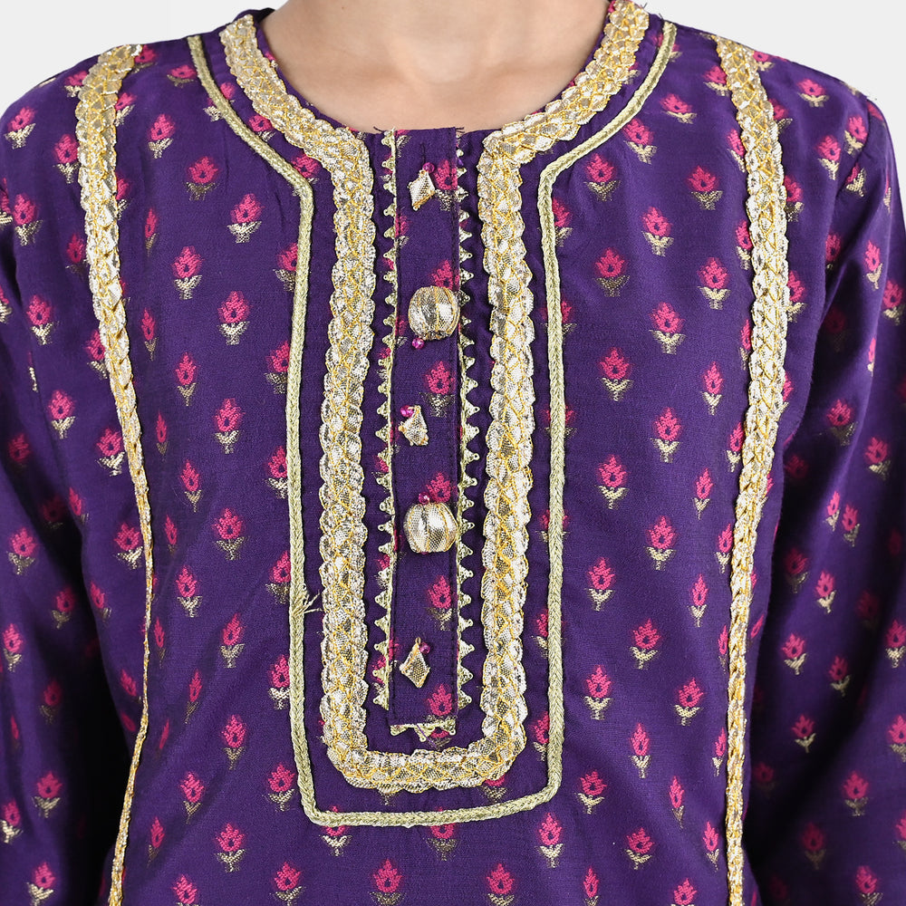 Girls Cotton Jacquard Emb 2Pc Suit Glow-Purple