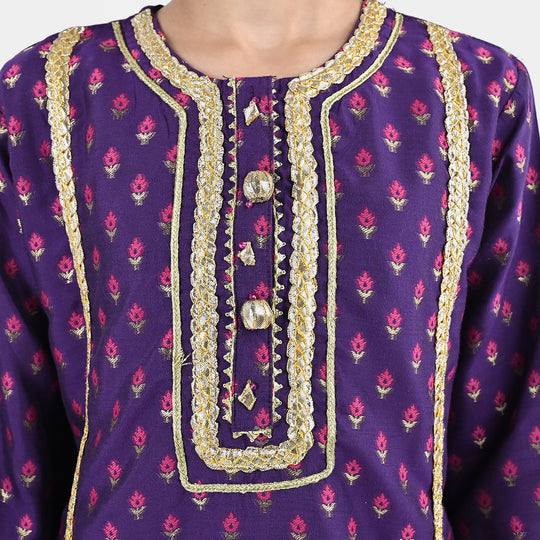 Girls Cotton Jacquard Emb 2Pc Suit Glow-Purple