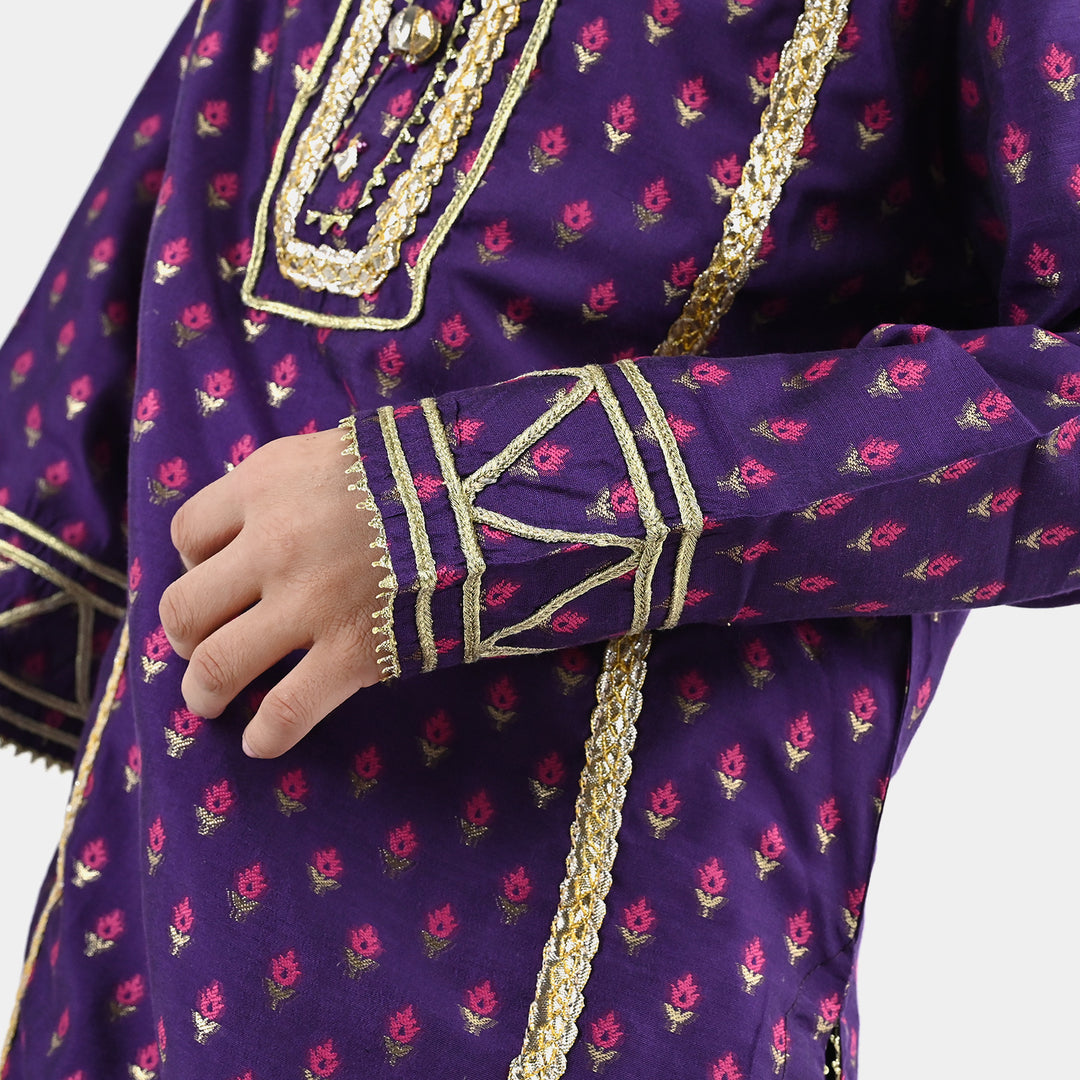 Girls Cotton Jacquard Emb 2Pc Suit Glow-Purple
