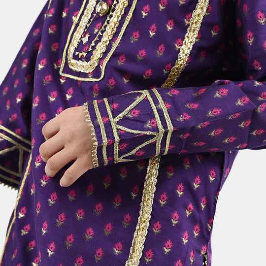 Girls Cotton Jacquard Emb 2Pc Suit Glow-Purple