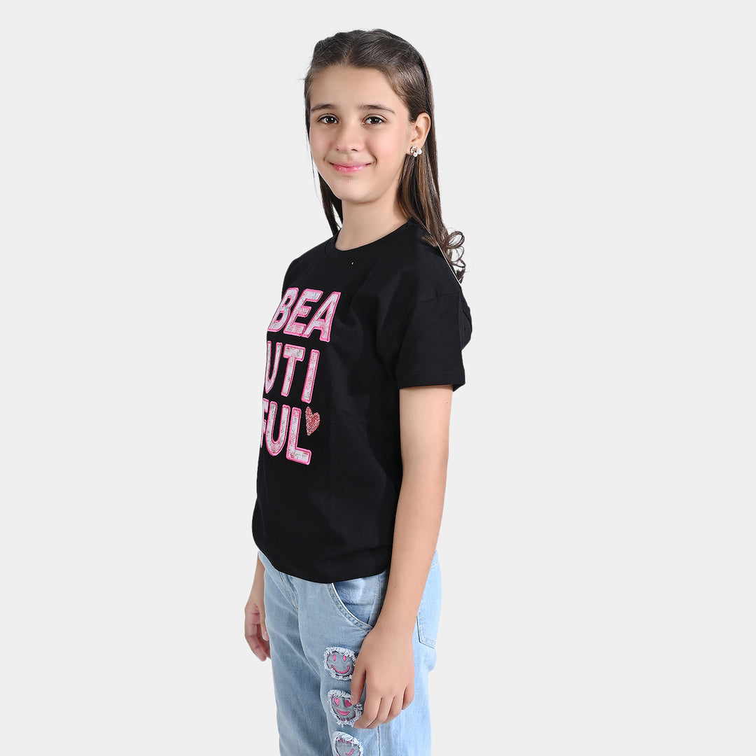 Girls Cotton Jersey T-Shirt H/S Beautiful-Jet Black