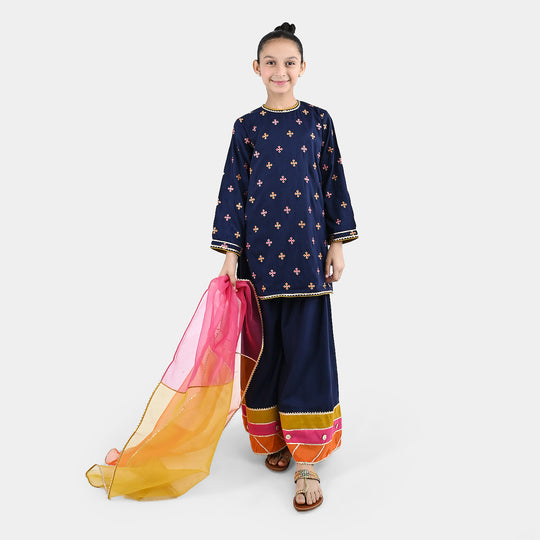 Girls Raw Silk 3Pcs Shah Noor-Navy Blue