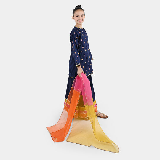 Girls Raw Silk 3Pcs Shah Noor-Navy Blue