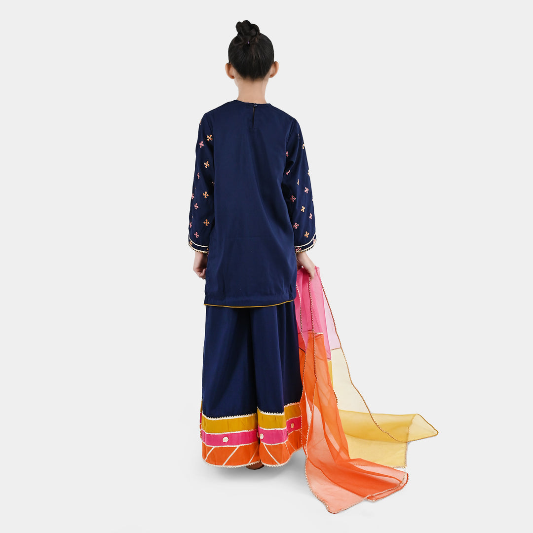 Girls Raw Silk 3Pcs Shah Noor-Navy Blue