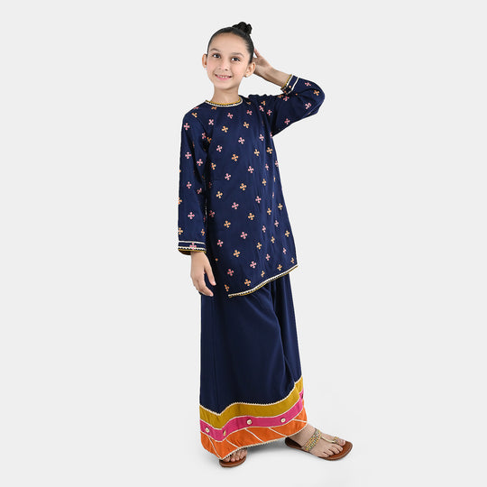 Girls Raw Silk 3Pcs Shah Noor-Navy Blue