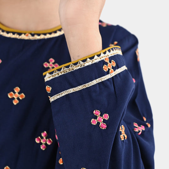 Girls Raw Silk 3Pcs Shah Noor-Navy Blue