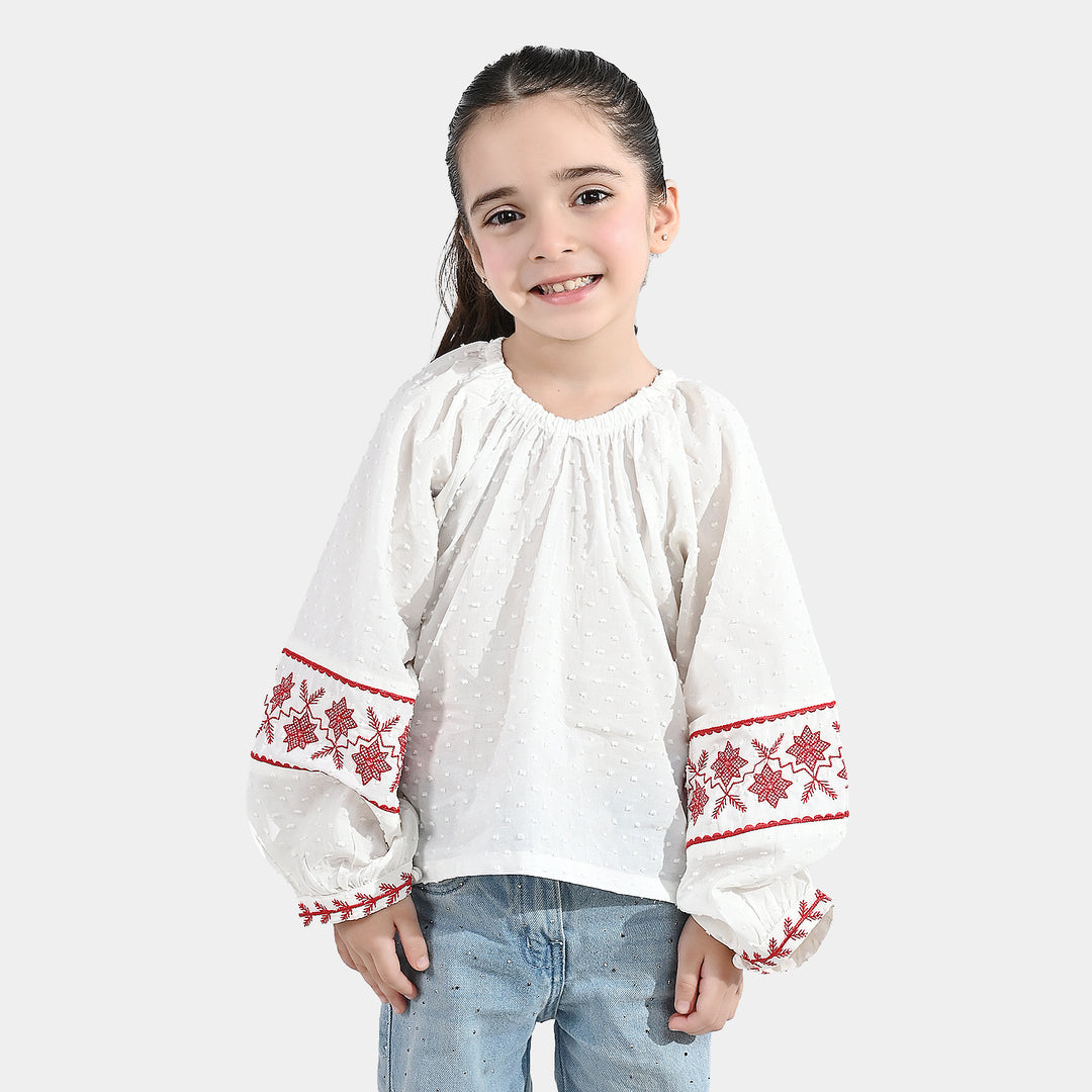 Girls Cotton Emb Top (Reddish) - White