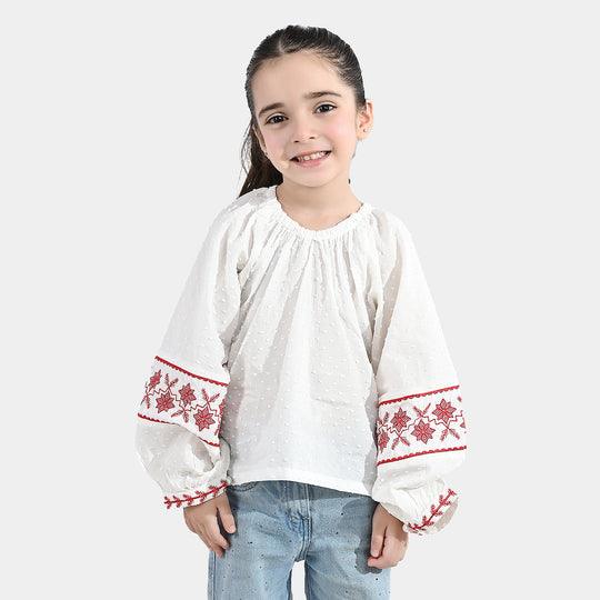 Girls Cotton Emb Top (Reddish) - White