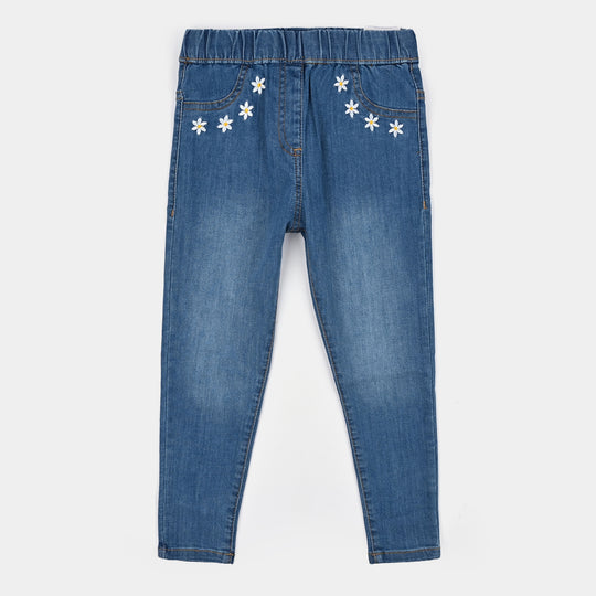 Girls Denim Stretch Jegging Medium Flower-Mid Blue