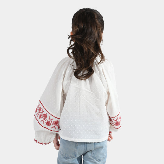 Girls Cotton Emb Top (Reddish) - White
