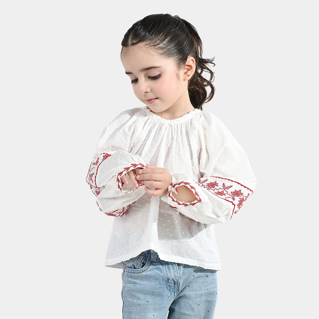 Girls Cotton Emb Top (Reddish) - White