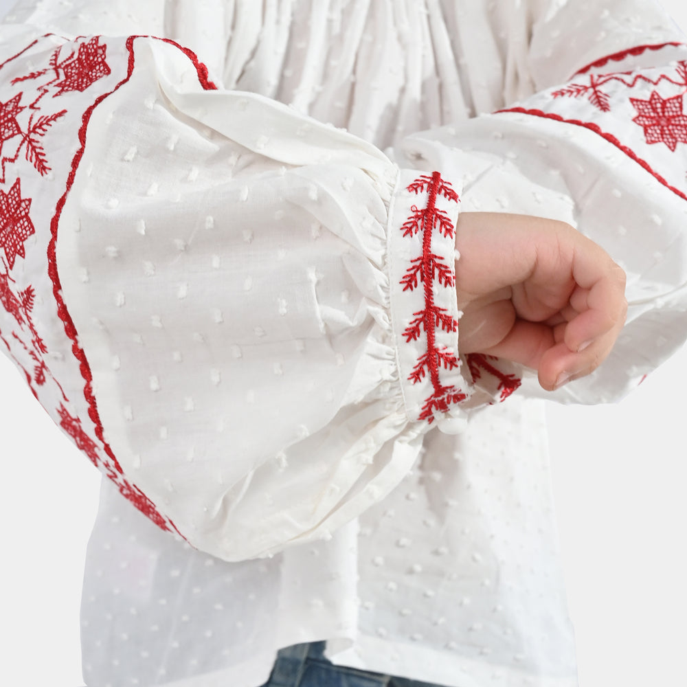 Girls Cotton Emb Top (Reddish) - White