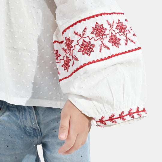Girls Cotton Emb Top (Reddish) - White