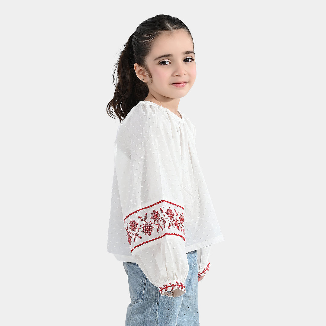 Girls Cotton Emb Top (Reddish) - White