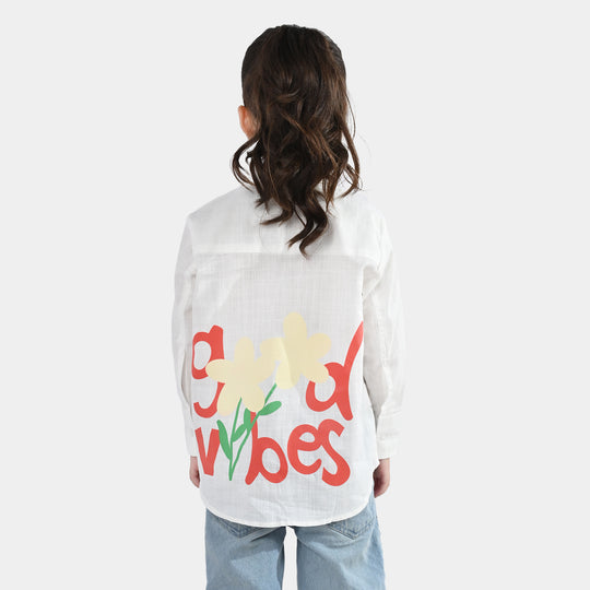 Girls Raw Silk Casual Top (Good Vibes) - White