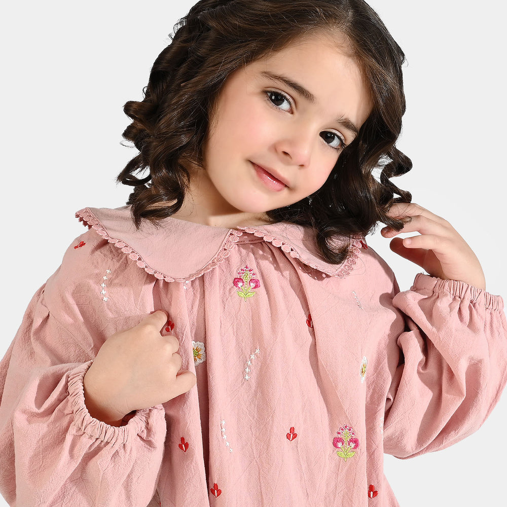 Girls Cotton Emb Top Peter Pan-Pink