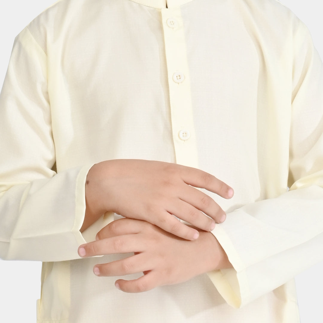 Boys Poly Viscose Kurta Pajama Suit (Square PKT)-Off White