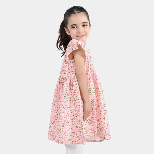 Girls Cotton Casual Frock (Peach Punch) - Pink