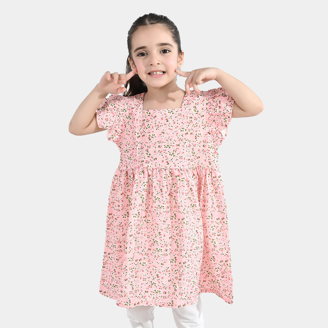 Girls Cotton Casual Frock (Peach Punch) - Pink