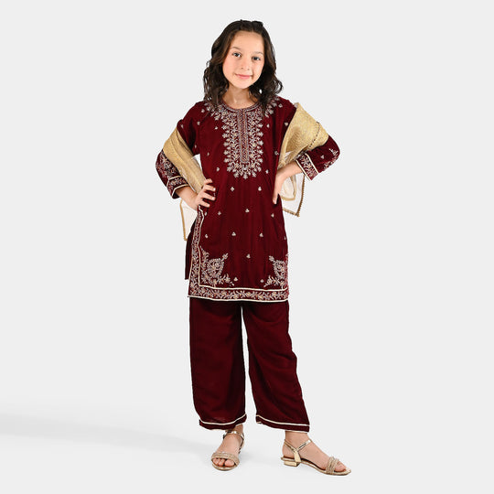 Girls Velvet Fancy 3Pcs - Maroon