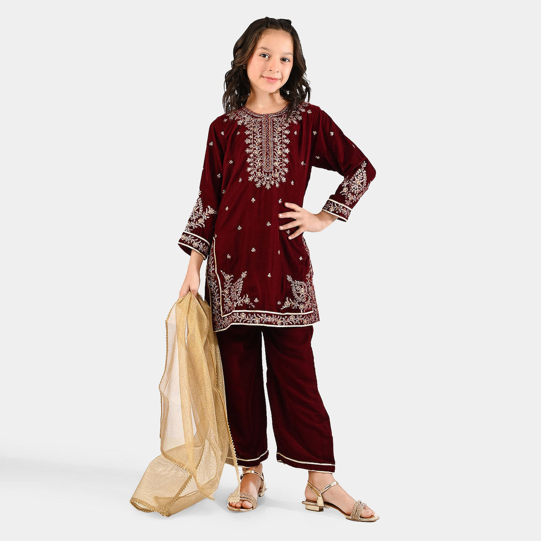 Girls Velvet Fancy 3Pcs - Maroon