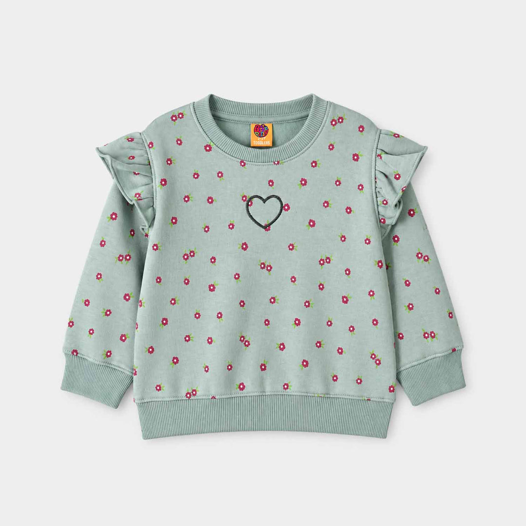 Girls Fleece Sweatshirt Flowers Pattern- Sea Green