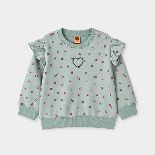 Girls Fleece Sweatshirt Flowers Pattern- Sea Green